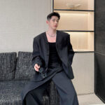 Minimalist Collarless Multi-grain Buckle Wrapping Towel Wide-leg Pants Suit